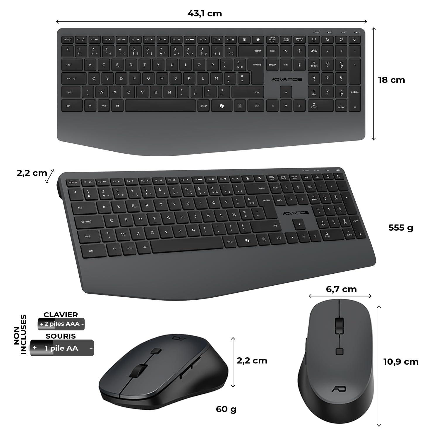AD ADVANCE - X-Type, Ensemble Clavier Souris sans Fil Silencieux pour PC, Souris 1600 DPI, Clavier AZERTY, 112 Touches X Ciseaux, 12 Raccourcis Multimédias, Bouton Copilot AI, Hauteur Réglable, Noir