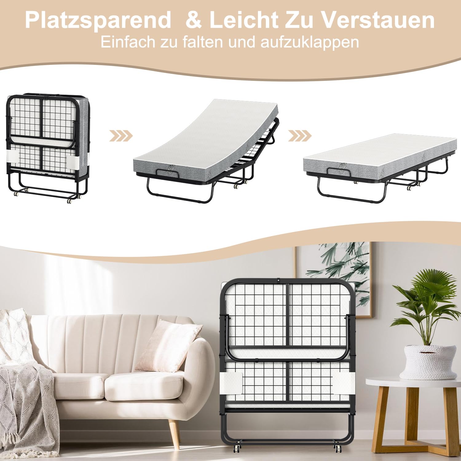 90 x 200 cm łóżko składane, pojedyncze łóżko z pianki o grubości 13 cm, łóżko dla dorosłych, łóżko dla gości, składane na kółkach, metalowe łóżko obciążenie 200 kg, do sypialni, biura, salonu
