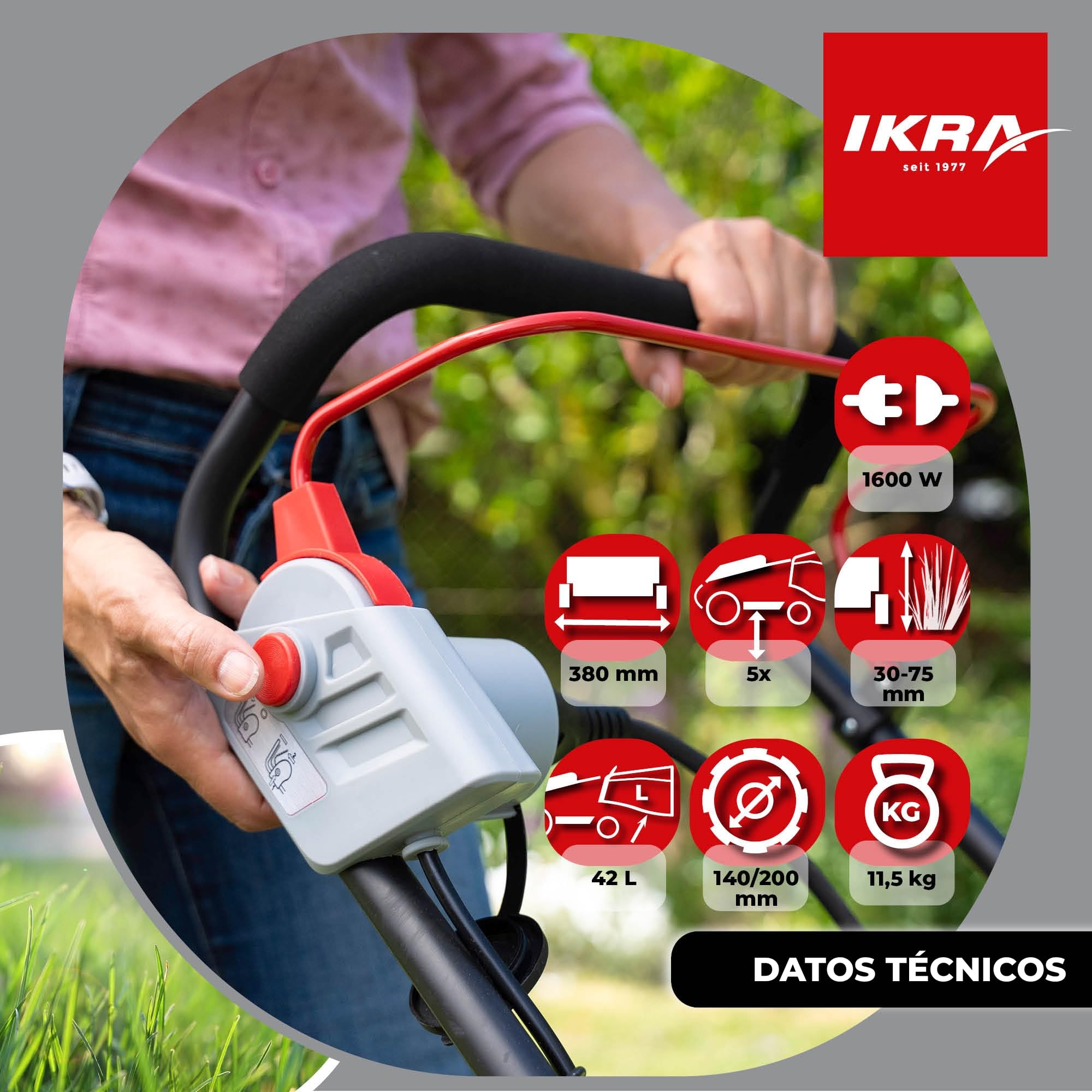 IKRA cortacésped eléctrico IERM 1638-1, 1600 W, Ancho de Corte 38 cm | Manillar regulable, altura de corte de 30-75mm, bolsa de colectora de 42 l, cuchilla de metal, manillar de guía plegable