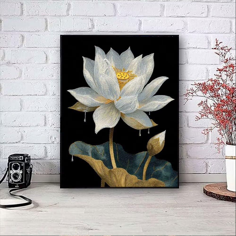 Biały Lotos Diamond Painting Zestawy Dorosłych, 5D Okrągłe Diamenty Malowanie Dzieci Malarstwo, Diamant Art Haft Cross Stitch Obrazy, Mozaika Sztuka Do Dekoracji Ściany Domu 100x130cm hJ8689