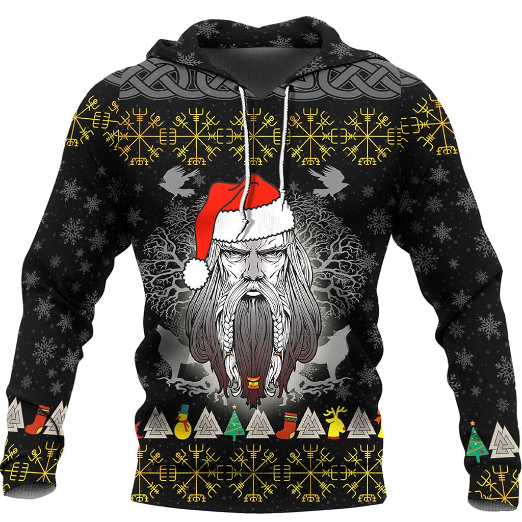 Christmas Viking Odin Crow Hoodie, 3D Printed Norse Mythology Fleece Sweatshirt Pullover Hoodies with Kanga Pocket,Hoodie,XXL