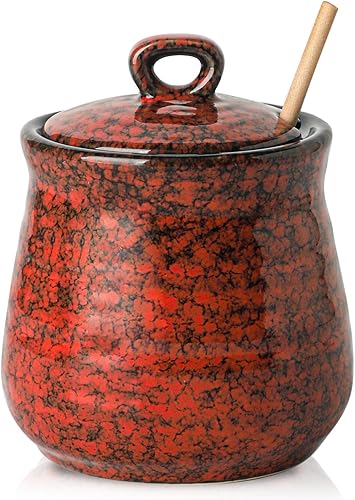 Vista 14 de HASENSE Maceta de cerámica para miel con tapa, tarro de miel de 12 onzas con vaso de madera, juego de palitos y frascos de miel, lindo recipiente