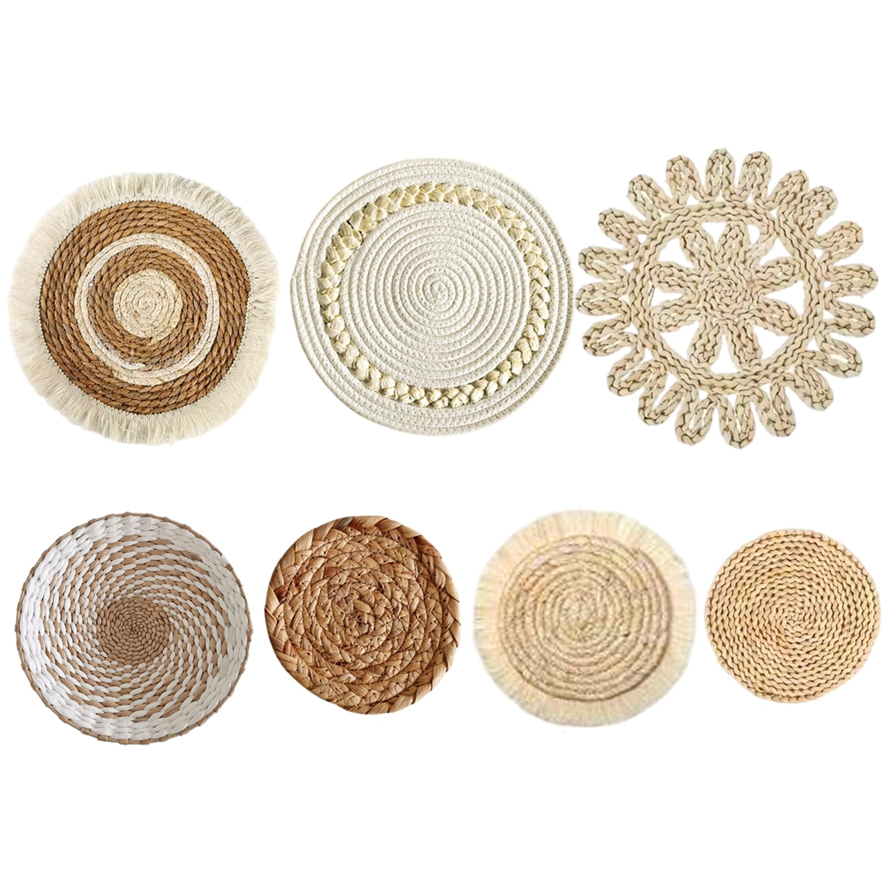 7 paniers muraux bohèmes, 6 tailles, ronds en paille tressée avec crochet, pour décoration de salon, style campagnard