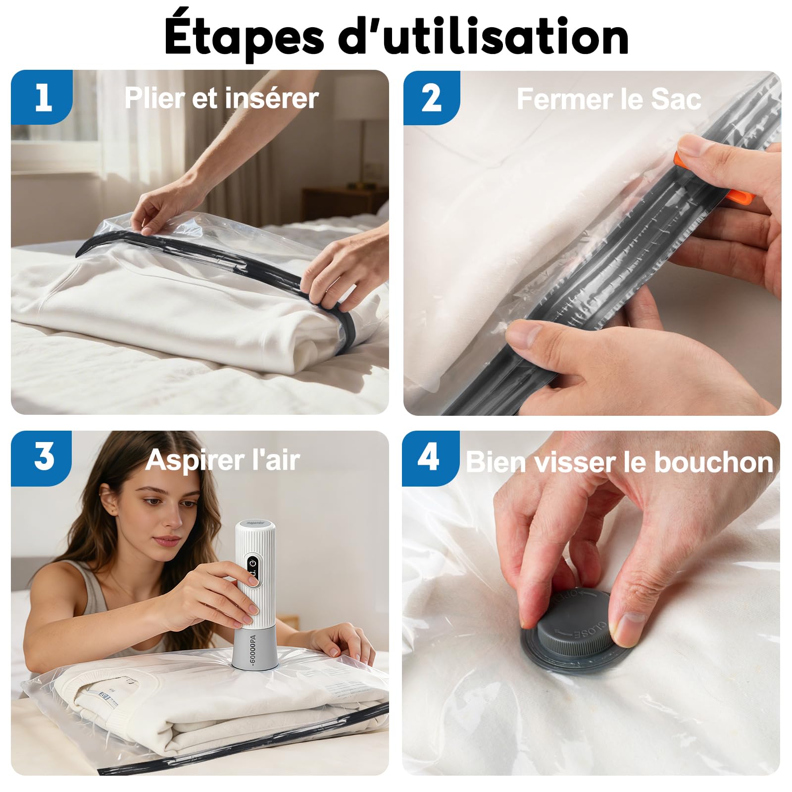 Sacs Sous Vide Vetement Aspirateur avec Pompe Électrique 60000Pa, 18 Unité Sacs de Rangement Sous Vide en 3 Tailles(40*50/40*60/50*60CM), Économisez 80% pour Les Bagages de Voyage et L’organisation