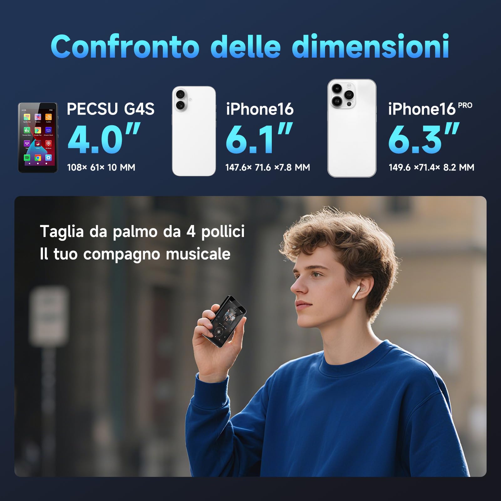 Lettore MP3 Android 14 con Spotify, Play Store, Amazon Music, Audible, Libby, lettore musicale MP4 con touch screen da 4" per bambini con controllo parentale, modalità Eye-Care (Nero lucido)
