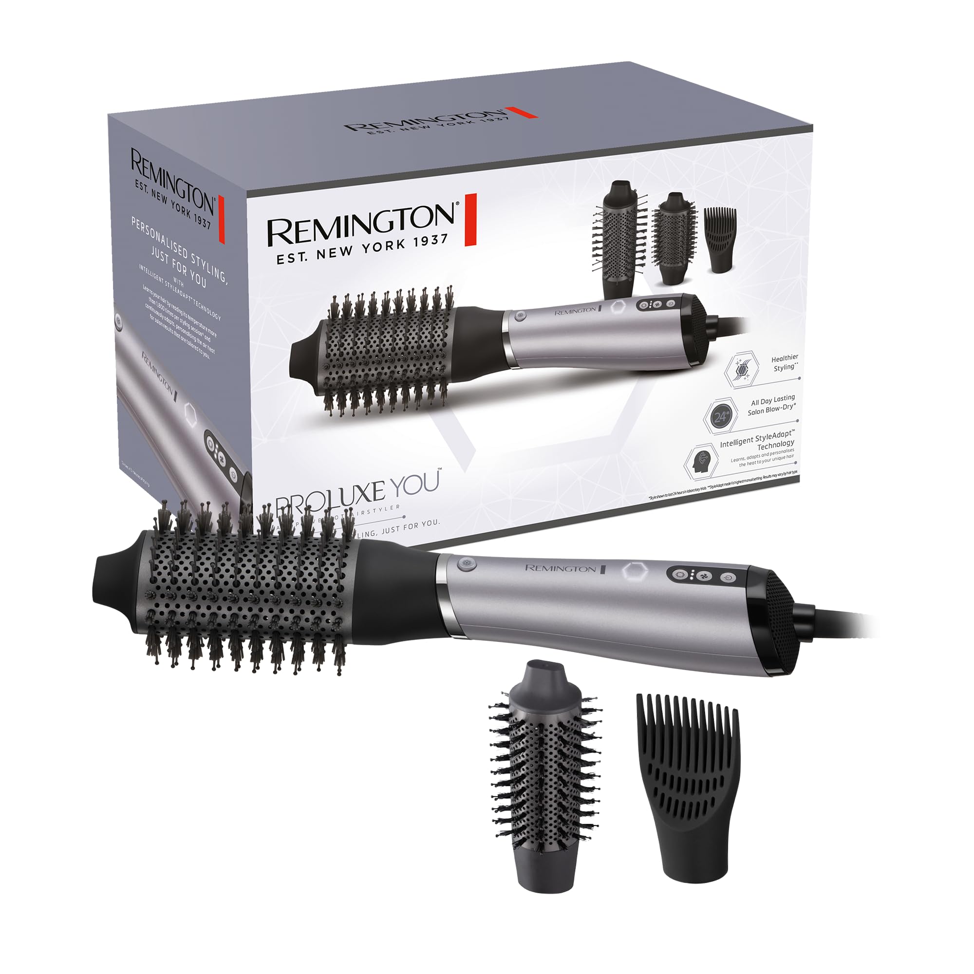 Remington Szczotka do ciepłego powietrza [3 nasadki do stylizacji, Intelligent StyleAdapt uczą się i spersonalizowane ciepło] PROluxe You (diamentowa powłoka ceramiczna, generator jonów, wzmacniacz