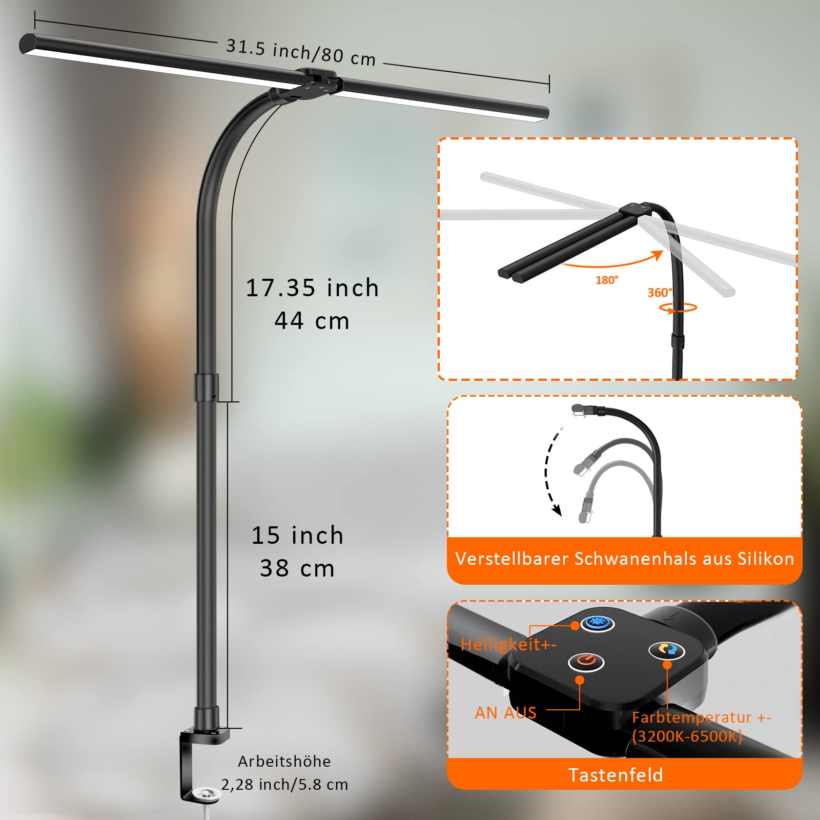 LOTTBUTY Lampara Escritorio LED de Doble Cabeza,24W 80CM lampara Led Escritorio de Regulable,5 Temperaturas Color 5 Niveles Brillo,Protección Ocular Luz Monitor con pinza para Oficina,Estudio,Diseño