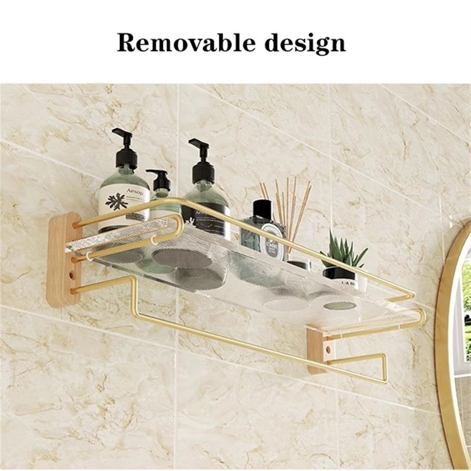 Mensola Doccia Mensole da bagno in acrilico, mensola da bagno in acrilico montata a parete con corrimano in acciaio inossidabile dorato, mensola da doccia galleggiante staccabile Mensole Bagno(Natural