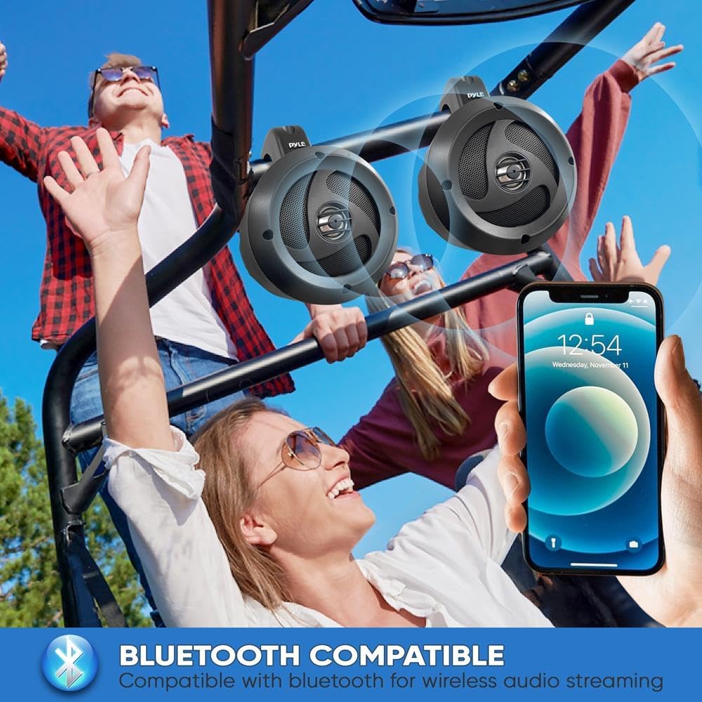 2-Way Waterproof Bluetooth Off-Road Speakers - 4 inch 900W Active Passive Marine Grade Wakeboard Tower Speakers System w/AUX, Full Range Outdoor Stereo Speaker for ATV/UTV Jeep Boat - Pyle PLUTV40BTA - Image 3