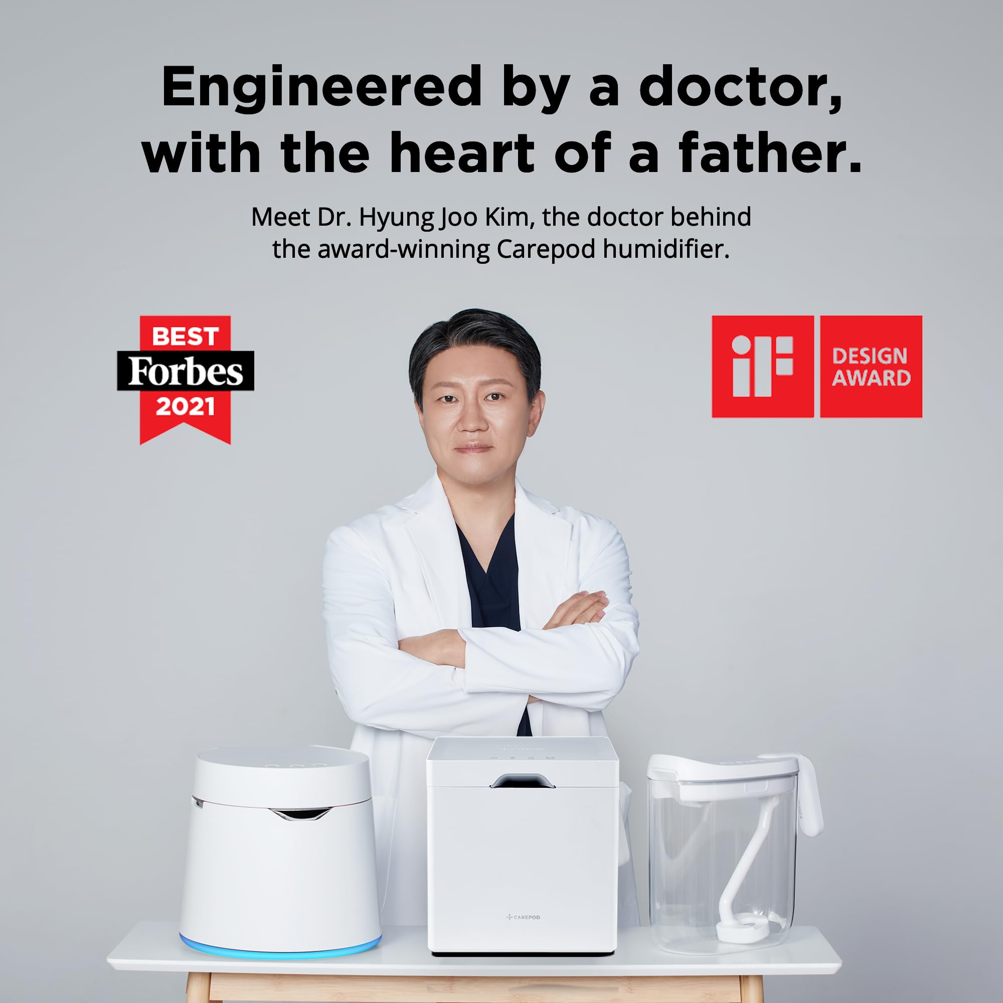 Carepod One Plus - Humidificador de acero inoxidable para habitación grande con luz de humor, silencioso y seguro para el bebé, solo 3 piezas lavables, humidificadores ultrasónicos de niebla fría