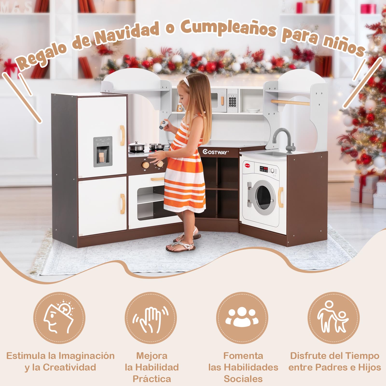 COSTWAY Cocina Juguete para Niños, Juego de Cocina Infantil con Sonido y Luces, Microondas, Horno, Fregadero, Lavadora, Juego de Cocina Infantil de Madera, a Partir de 3 años