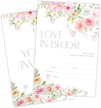 Floral Bridal Shower Invitations - Love In Bloom - 4 x 6 Inches Invites 25 Cards & Envelopes For Wedding Showers, Newlyweds Parties And Receptions - A01