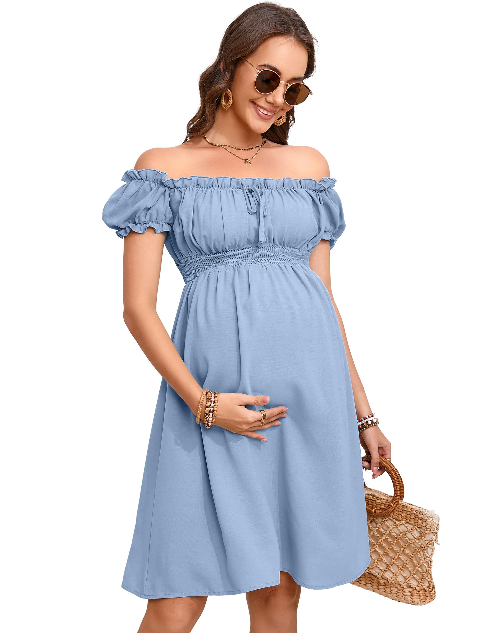 KOJOOIN Umstandskleid Damen Kurzarm Schwangerschafts Kleid Sommer Schwangerschaftskleid Off Schulter (Verpackung MEHRWEG)