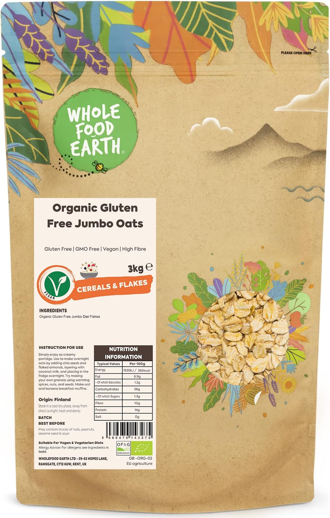 Organic Gluten Free Jumbo Oats โ 3 kg | GMO Free | Vegan | High Fibre | Certified Organic