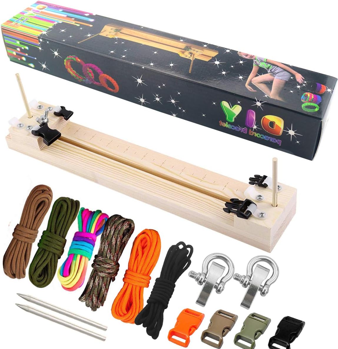 Paracord Bracelet Maker with 6 Parachute Cords and 6 Quick Release Buckles and 2Pcs Stainless Steel 550 Paracord FID - Paracord Braiding Weaving DIY Craft Tool Kit-Heavy Duty Buckles