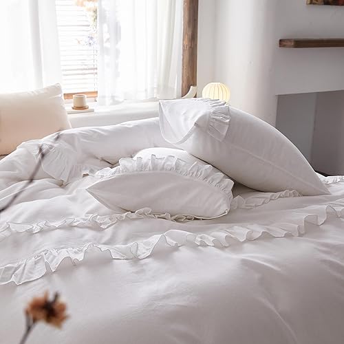 Miniatura 8 de Simple&Opulence Juego de funda de edredón de lino con volantes, 3 piezas con múltiples volantes vintage Shabby Chic (1 funda de edredón y 2 fundas