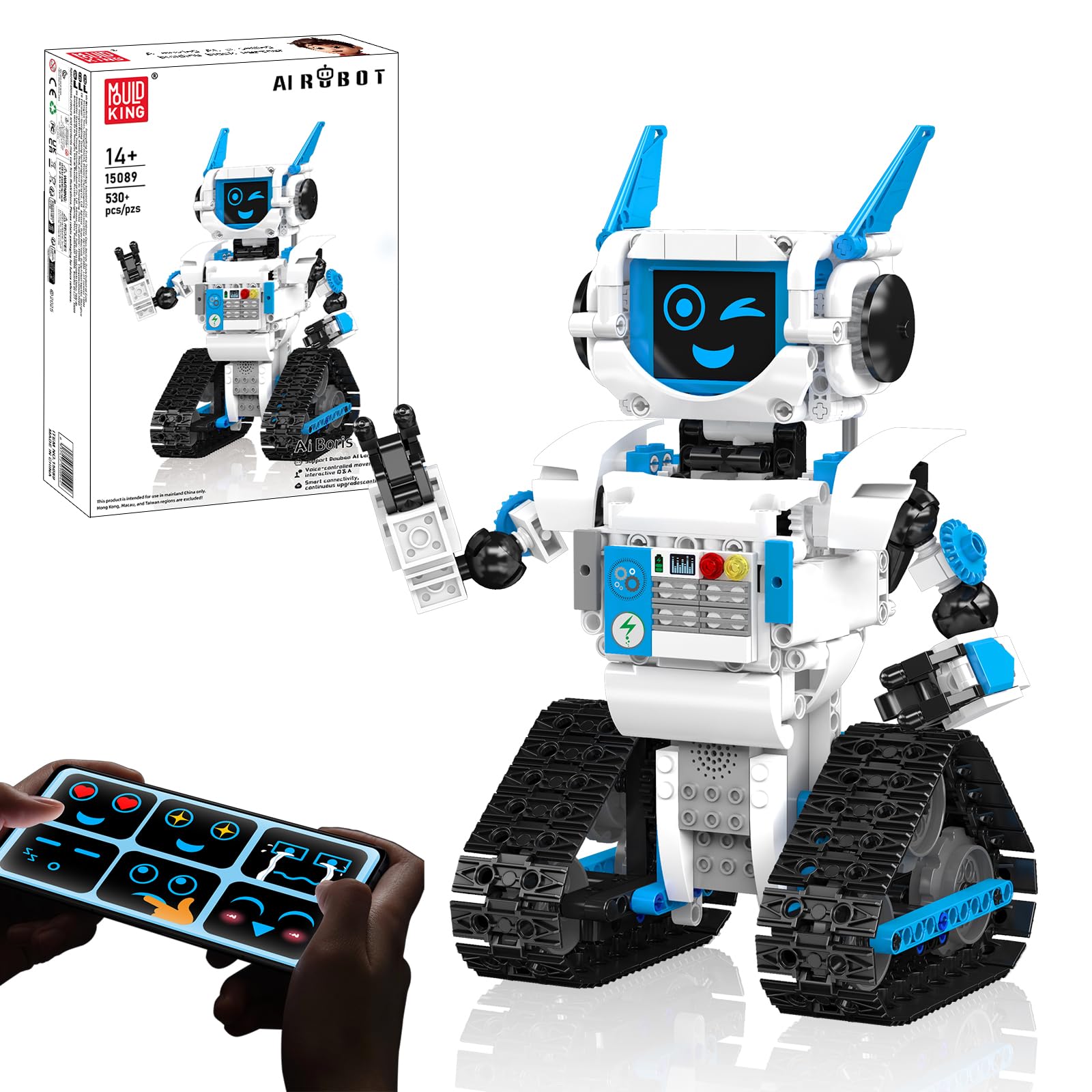Mould King 15089 AI Robot Building Blocks Kit, STEM Intelligent Building Block Robot Toys, with APP Control, Voice Control, LED Facial Expressions Display, Track Chassis - 530+ PCS