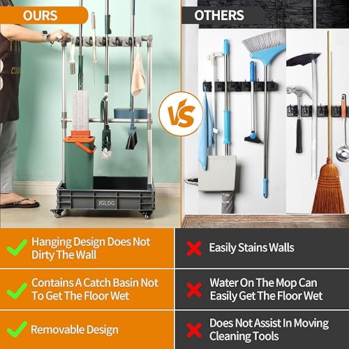 Miniatura 4 de Soporte de escoba para fregona, organizador de suministros de limpieza, carritos de limpieza con ruedas, estación de limpieza, herramientas de