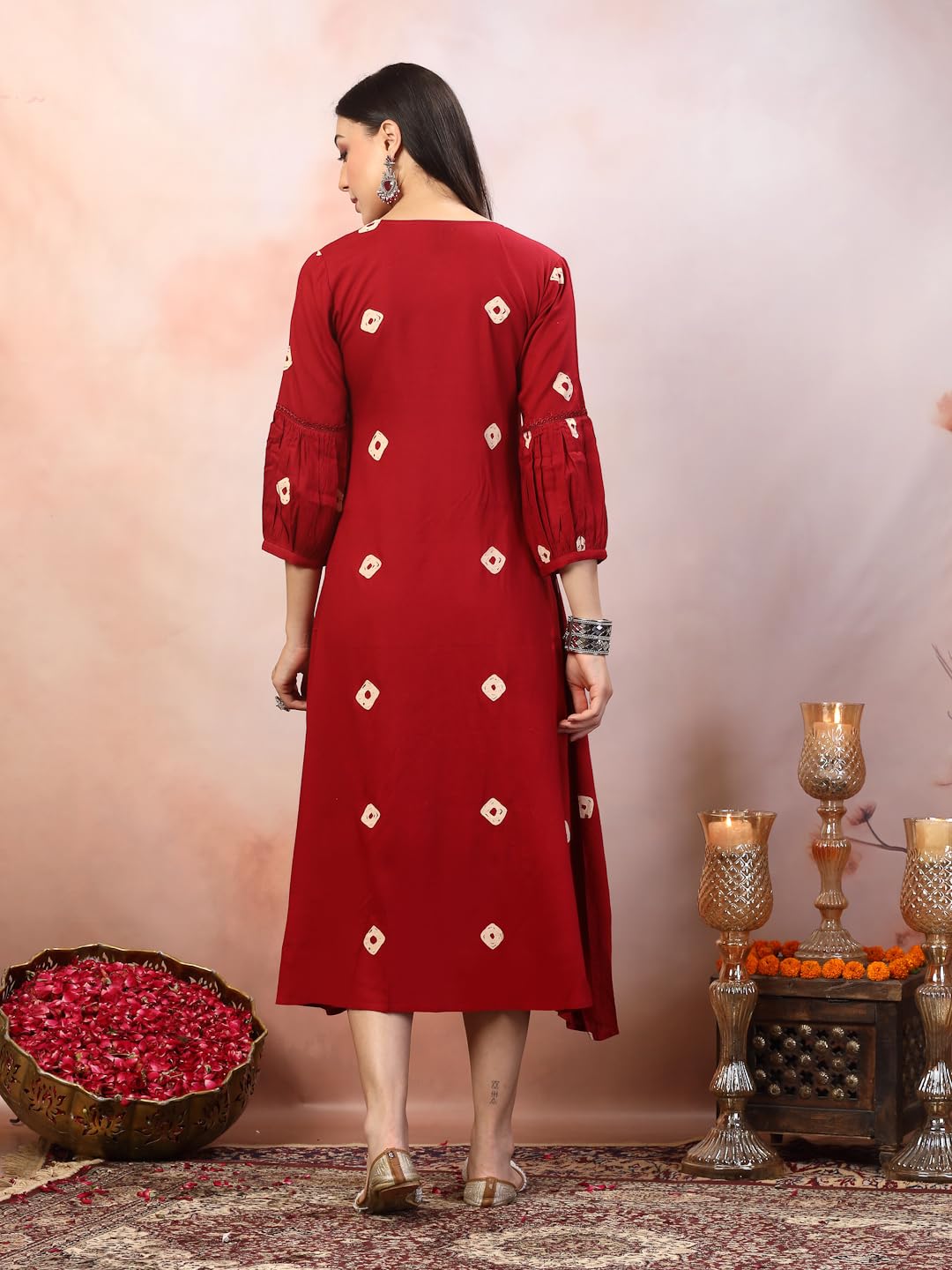 Stylum Women's Bandhej Printed & Embroidered Rayon Maxi Dress (Drsmaroonrose42_Maroon, Xl)