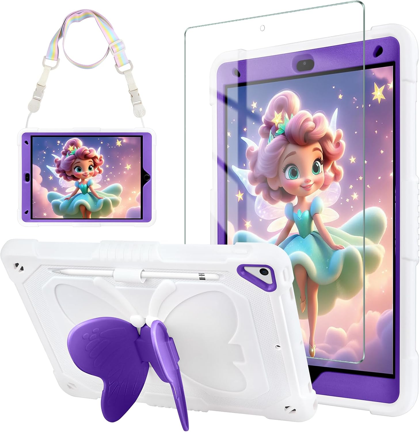 for iPad 9th Generation Case Kids Girls, for iPad 10.2 inch Shockproof Case with Screen Protector Butterfly Stand Pencil Holder Shoulder Strap for iPad 8th 7th 10.2 inch Girls