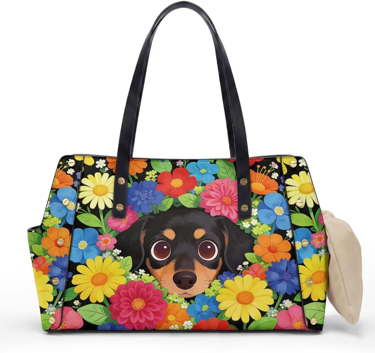 Cat Daisy Print Dog Carrier Purse for Small Dogs, PU Leather Pet Tote Bag with Cushion, Cozy Lightweight Pet Carrier Purse for Walking