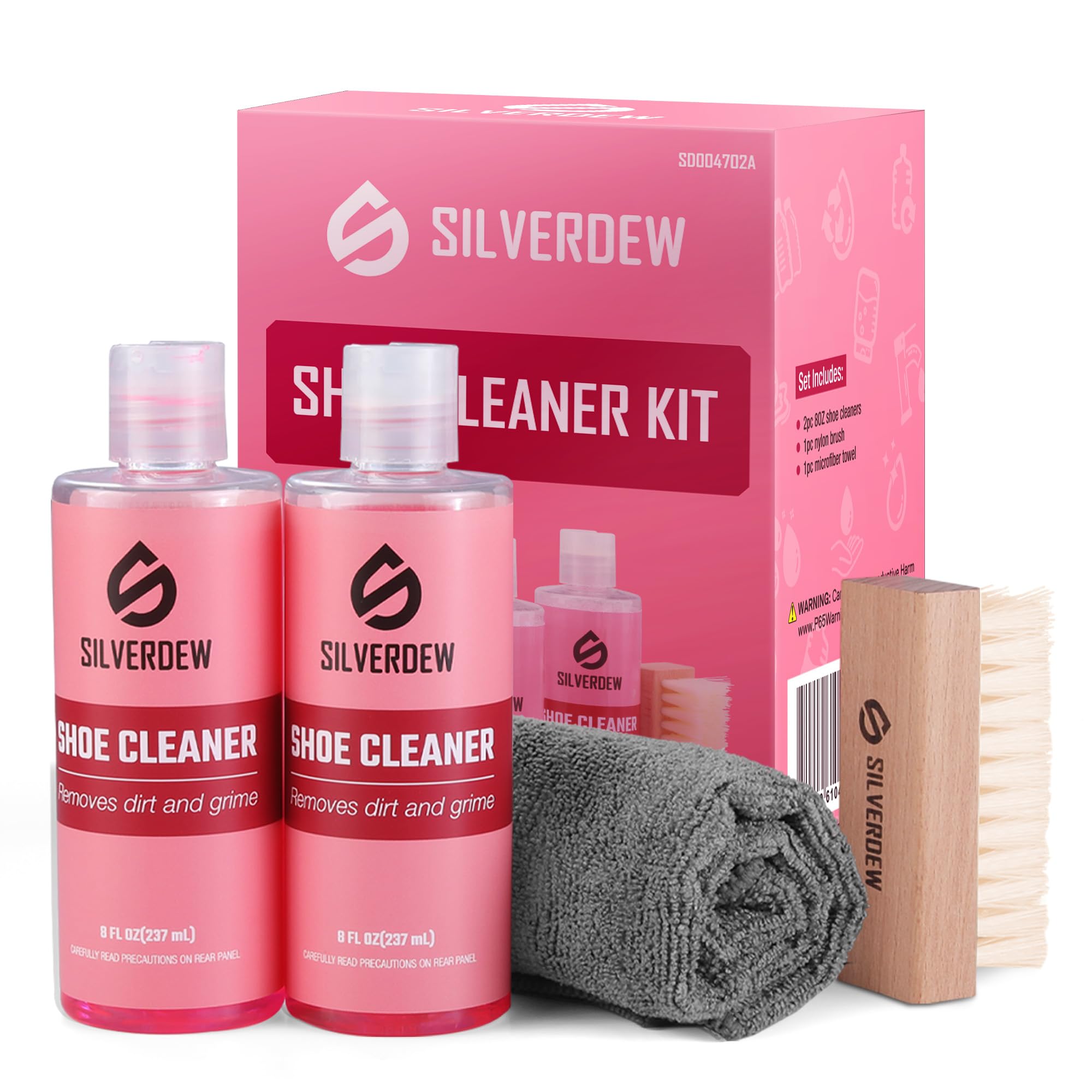 Kit de limpieza de zapatos de 4 piezas, limpiador de zapatos de 8 onzas, 2 botellas, limpiador de tenis, cepillos de nailon y toalla de microfibra para tenis, cuero, nobuck, gamuza, malla y