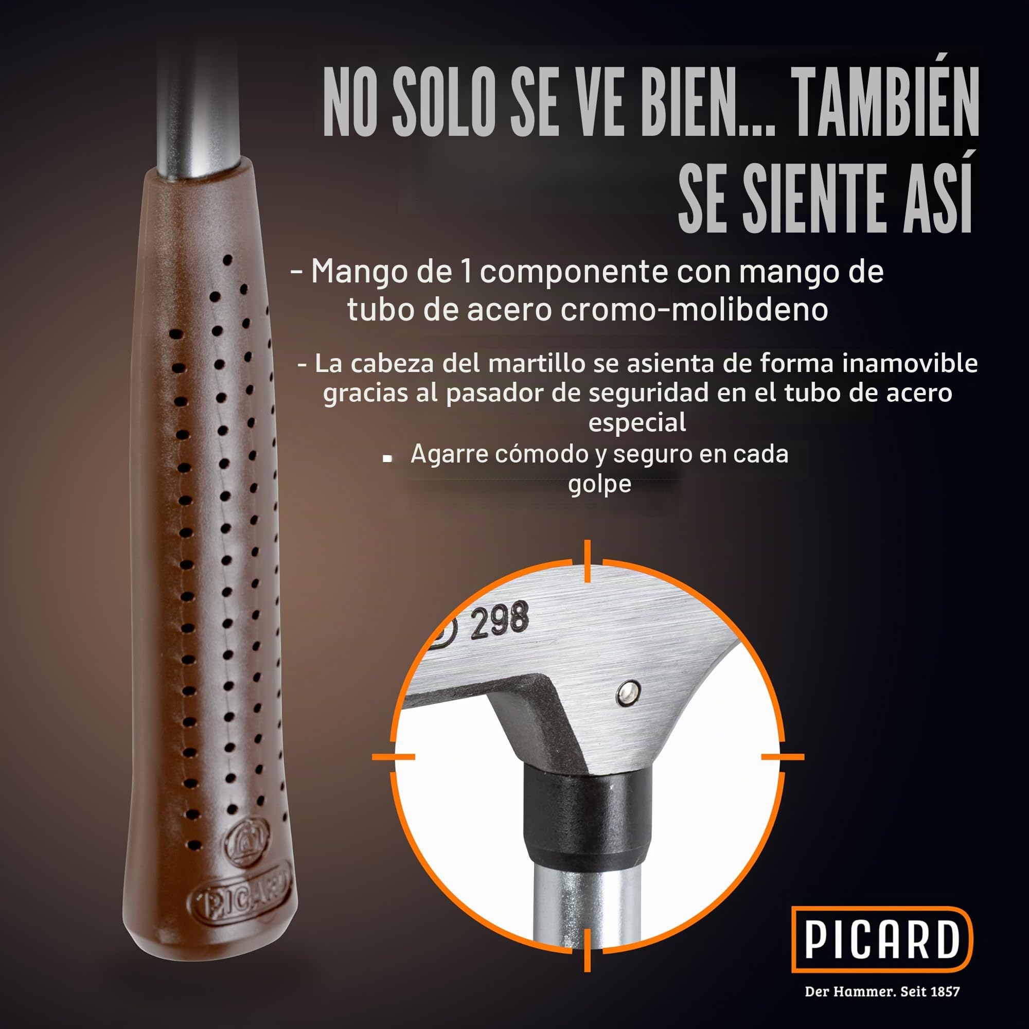 Martillo de carpintero Picard Nr. 298 + sacaclavos | 600 g de peso del cabezal | Pista rugosa | Soporte magnético para clavos | Protegido contra la corrosión | Mango de tubo de acero cromo-molibdeno |