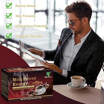 Maca Coffee for Men, Herbal Energy Coffee with Tongkat Ali, 20 Sachets | Instant Black Coffee Blend with Maca, Tongkat Ali, Ginseng & Epimedium