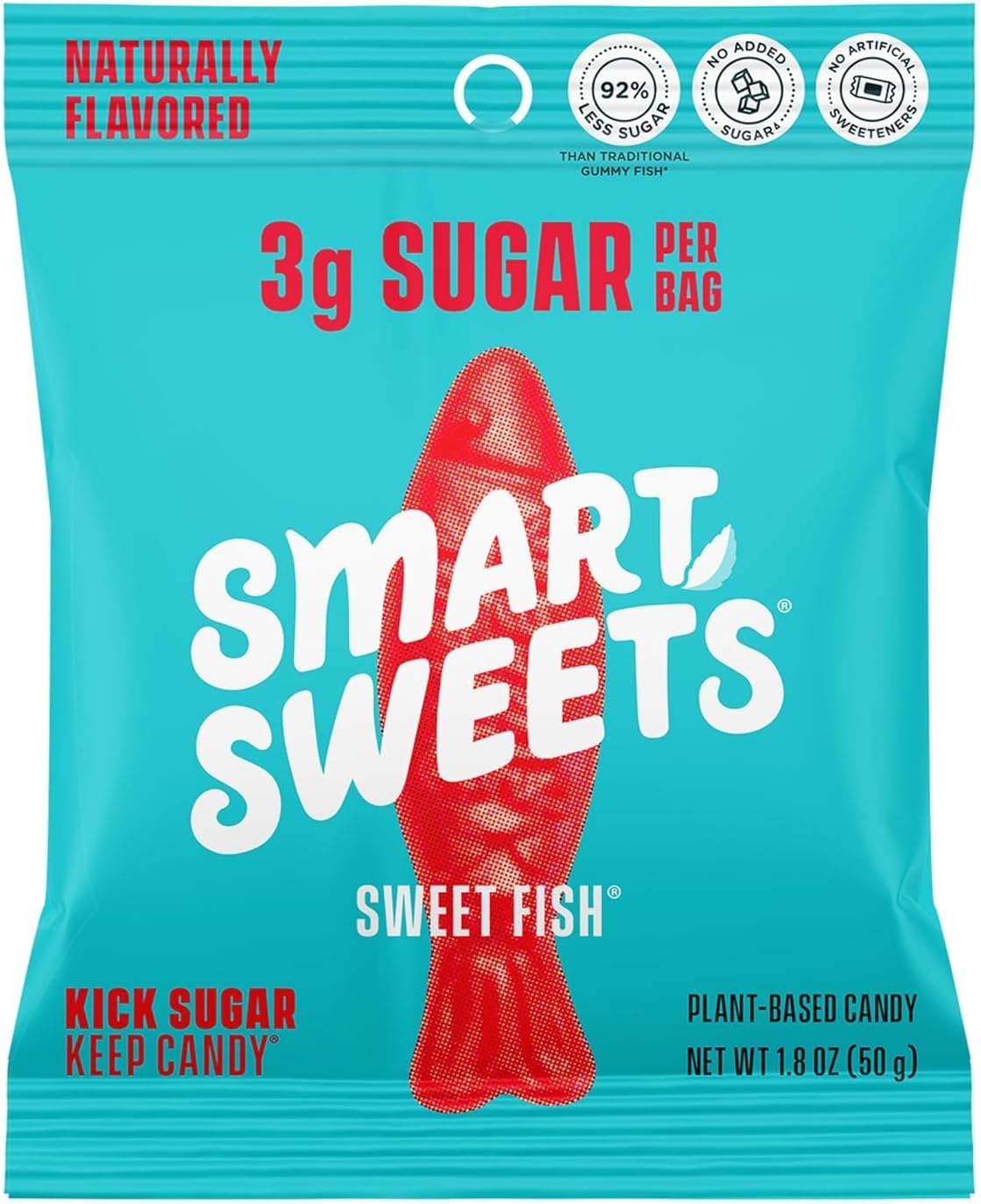 Sweet Fish, Candy with Low Sugar (3g), Low Calorie (100), No Artificial Sweeteners, Vegan, Plant-Based, Gluten-Free, Non-GMO, Healthy Snack for Kids & Adults, 1.8oz (Pack of 12)