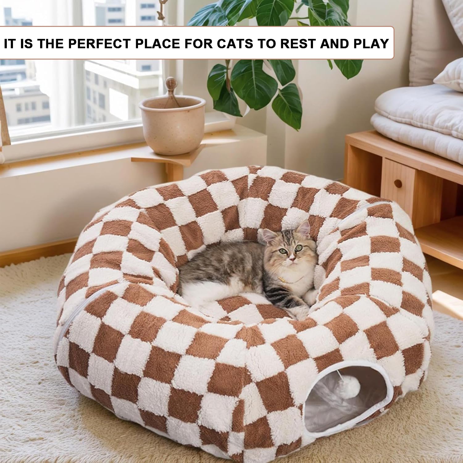 ERNAN Tubo Plegable Mascotas,Túnel para Gatos con 2 Formas,Cama para Túnel para Mascota, Conejos, Gatos y Perros, Interiores y Exteriores (Kaki)