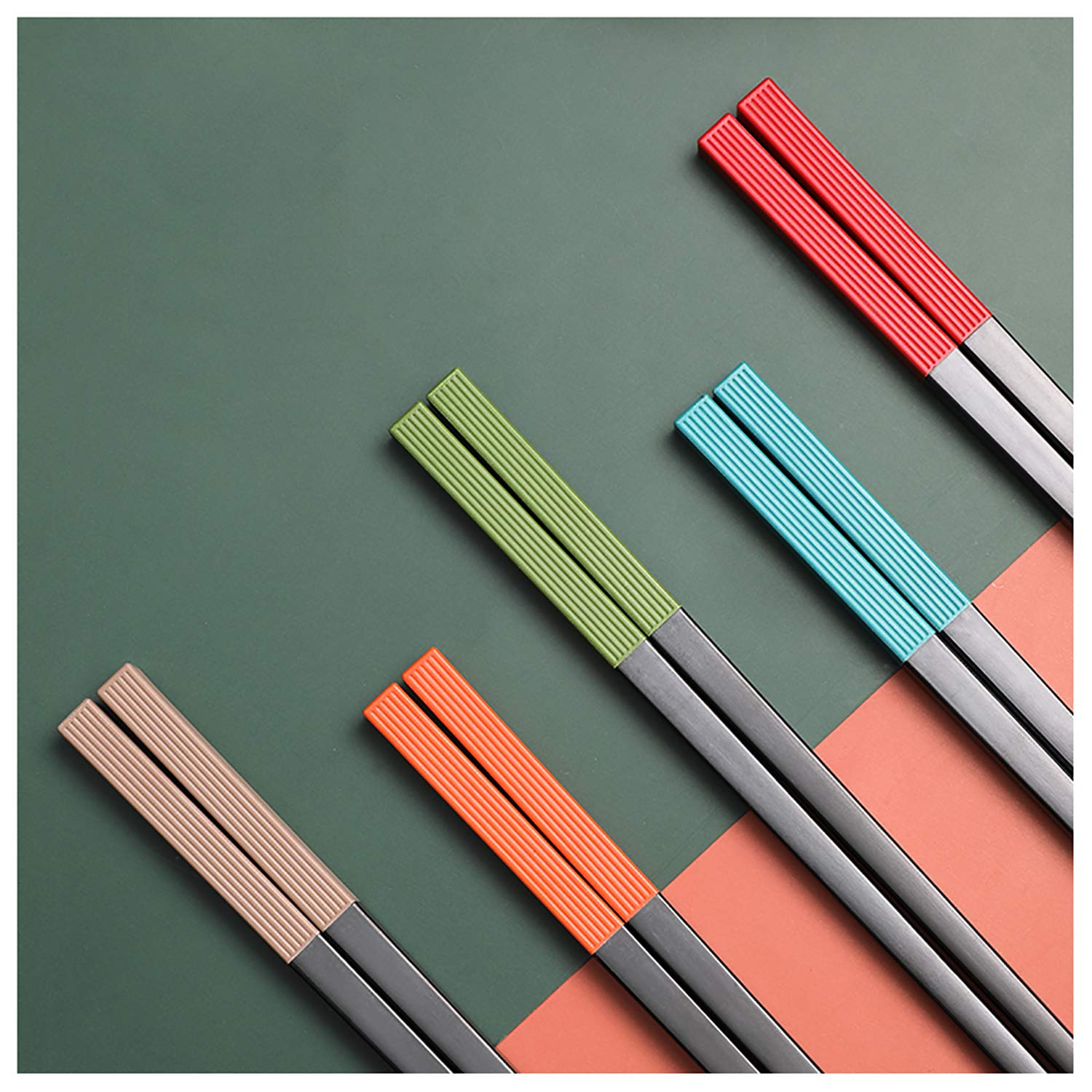 10 Paar mehrfarbige Essstäbchen-Set aus Fiberglaslegierung, wiederverwendbare rutschfeste quadratische japanische chinesische Essstäbchen für Sushi-Nudeln Reis hitzebeständig grün-24 cm (Farbe 24 cm