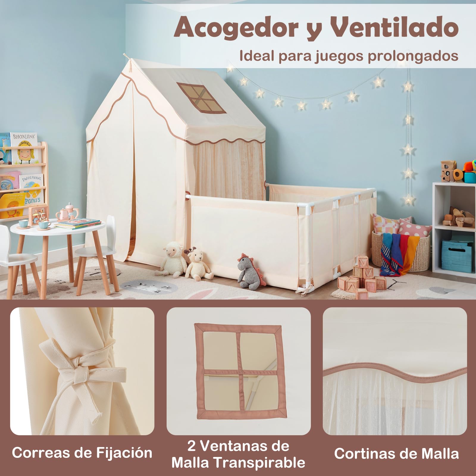 GOPLUS Tienda de Campaña Infantil con Parque, tipi Infantil Interior 2 en 1 con Patio, Luces Estrelladas, Alfombra de Algodón Lavable, Cortinas, Ventanas, Tienda de Juegos para Niños de 3+ Años (Café)