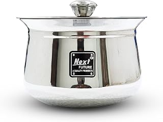 NEXT Future, Flower Laser Print, 1000ml, 20G Arcot/Dahi/Madras Stainless Steel Handi/Bartan, Highly Polished Cookware & Serveware Handi for Kitchen with Lid & Knob