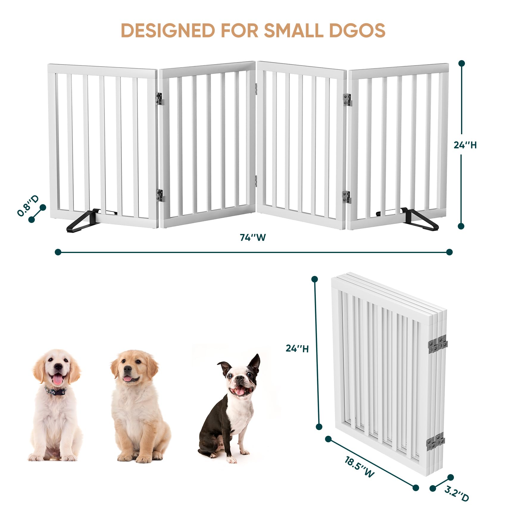 Semiocthome Freestanding Dog Gates and Barriers Indoor Pet Gates for Doorways and Stairs, 60cm(H) 4-Panel Puppy Gate with 2 Metals Stands Fully Assembled Adjustable Safety Fence Fit Up to 188cm White — view 5