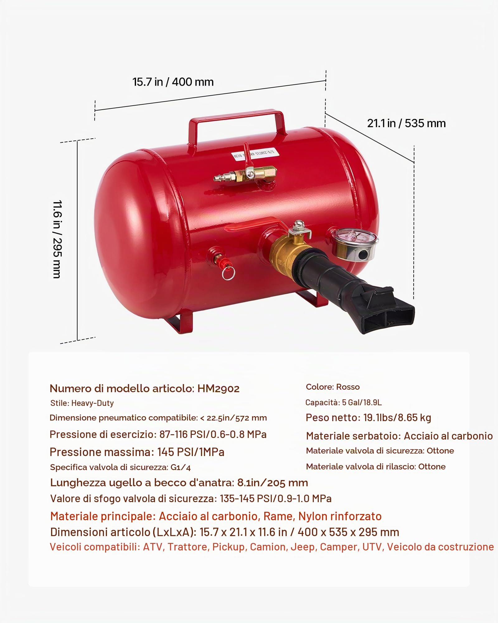 VEVOR Attrezzo per Gonfiaggio Pneumatici per Impieghi Gravosi, 0,6 a 0,8 MPa, 18,9 L Gonfiatore per Sedili con Grilletto Pneumatico per Pick-Up, Camion, ATV, Jeep, Furgone, Trattorino, Camper, Rosso