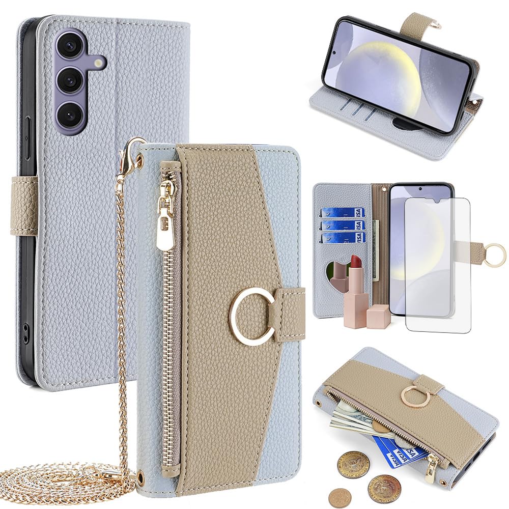 Asuwish Funda tipo cartera para Samsung Galaxy S24 Plus S24+ 5G con protector de pantalla y cubierta de espejo, tarjetero, correa cruzada, soporte para celular S24plus 24S + S 24 24+ para mujeres y