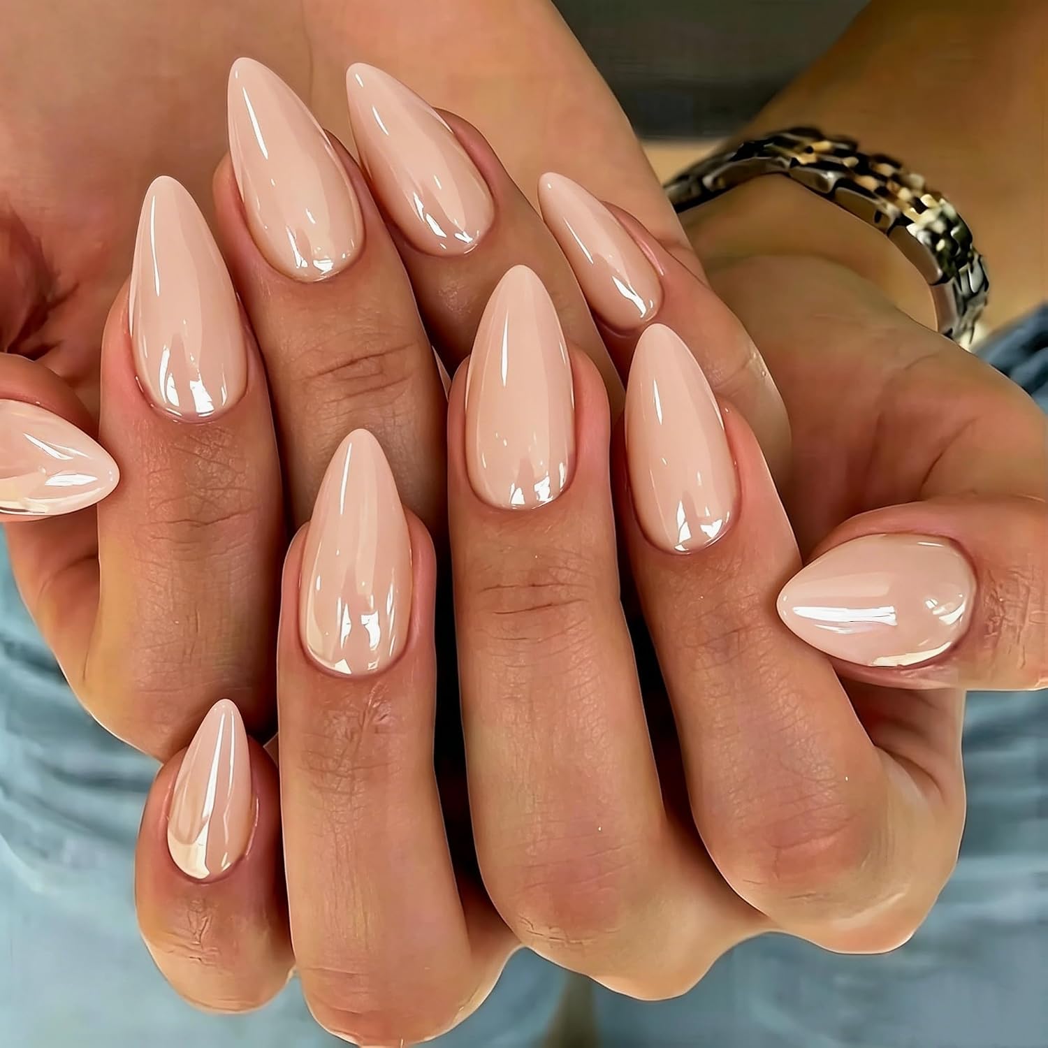 KQueenest Chrome French Tip Press On Nails Short Almond, 30 Pcs Glazed Red Fake Nails Press ons With Mirror Effect, Reusable Long-Lasting Bling Glue on Nails with Glue for Women Manicure