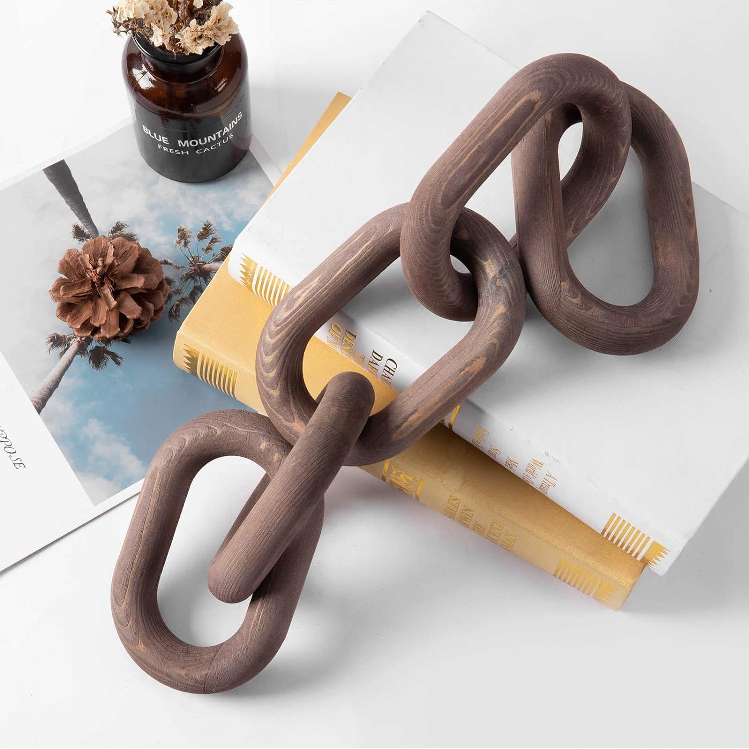 Benting Decorative Wood Chain Link Decor Rustic Wood Link 5 Link Wooden Chain Decor Link Ornament Farmhouse Wooden Links Home Decor Hand Carved Wood Crafts Ornaments for Coffee Table Tray Shef (Brown)