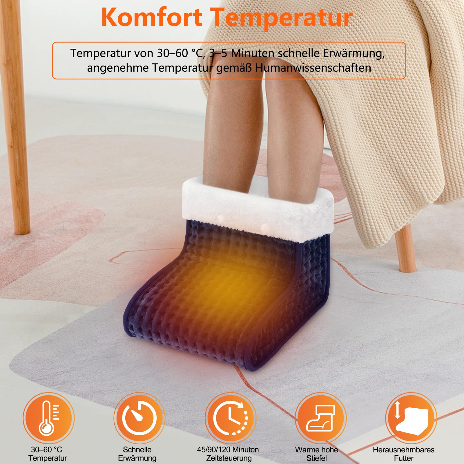 Biutee Fußwärmer Elektrisch 2,5 m Netzkabel, Fusswärmer mit 10 Temperaturstufen 3 Timer und Waschbares Innenfutter, 30-60℃, Fuß Wärmer für den Einsatz im Büro und zu Hause, Marineblau