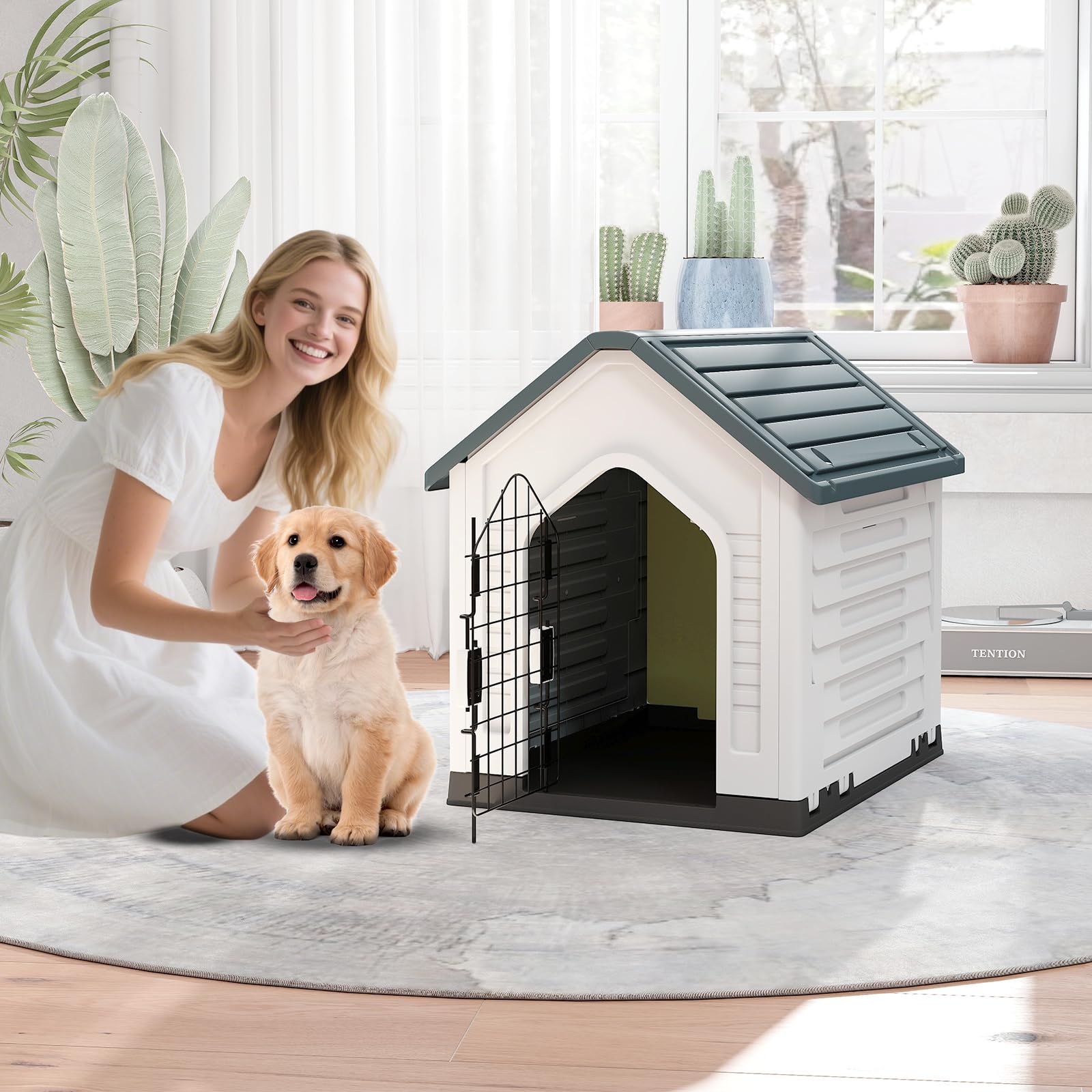 GOPLUS Caseta de Perro de Plástico, Casa para Perros con Puerta de Malla Bloqueable y Piso Elevado, Ventilación, Techo Inclinado, Perrera para Interior y Exterior para Mascotas (Gris)