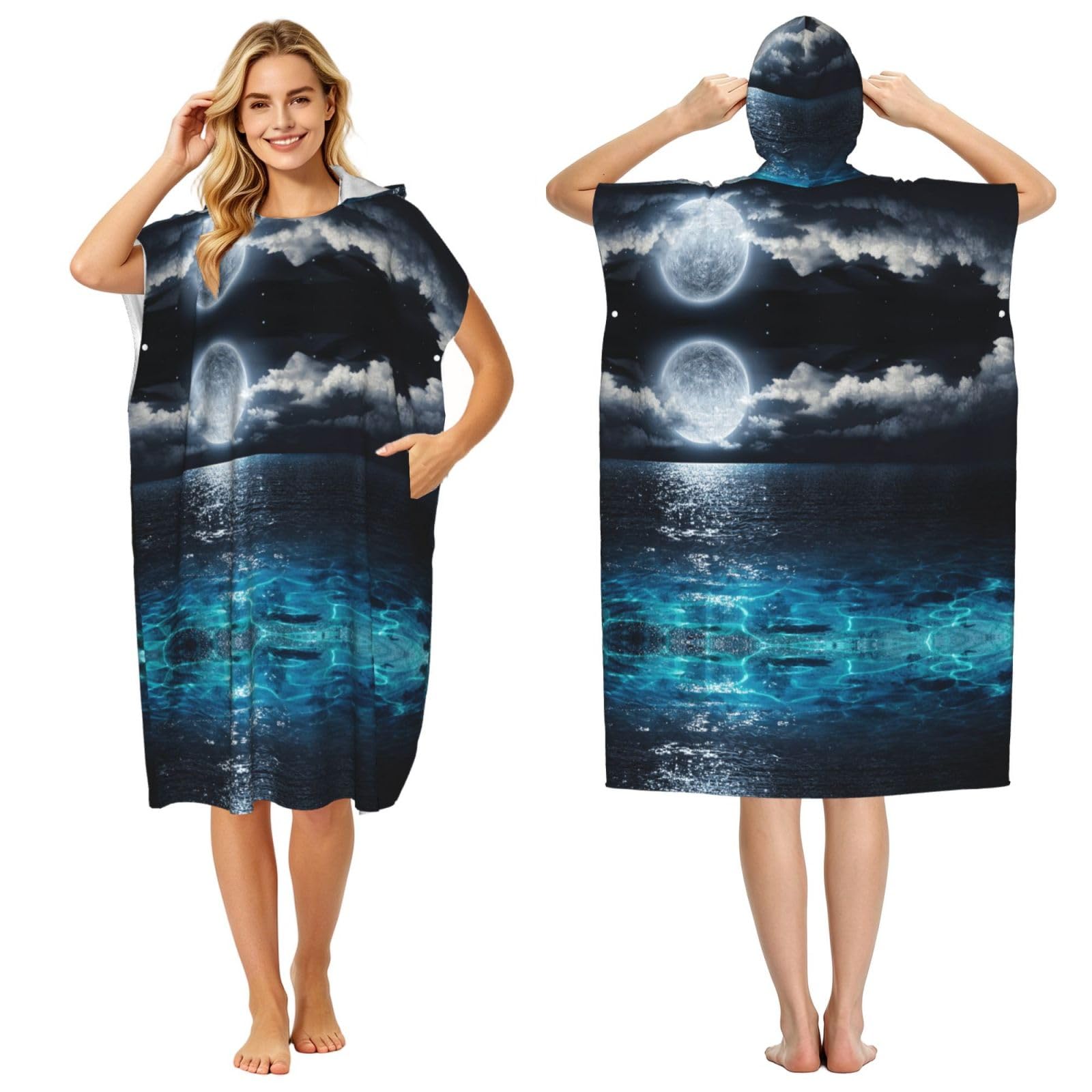 EZDLOWVBA Full Moon And Foggy Clouds Print Hooded Poncho Microfiber Beach Towel,Adult Women & Men Changing Robe,Lightweight Summer Surf Swim Bath Poncho Towel