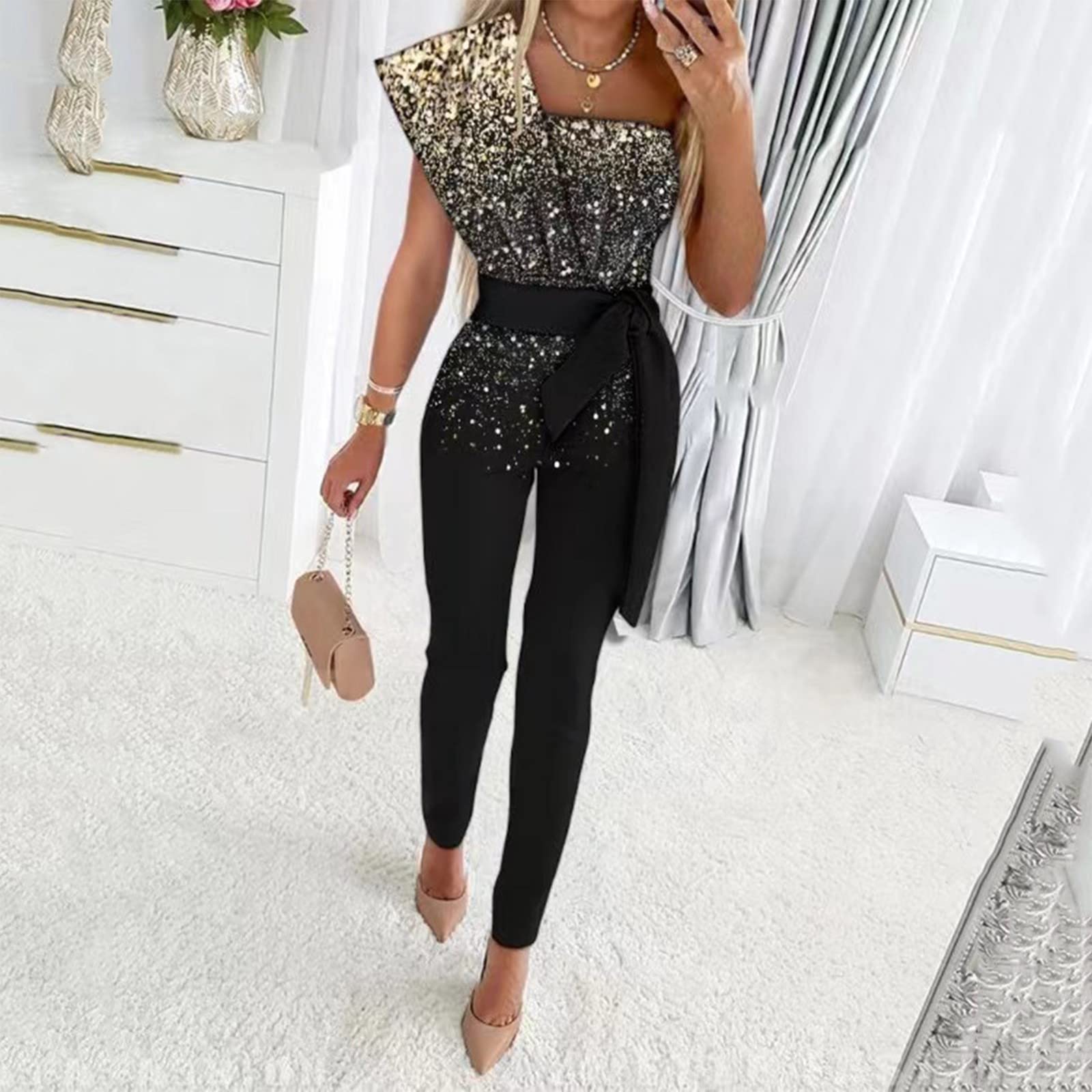 Générique Tailleur Femme pour Mariage Combinaison pour Soirée Chic Tailleur Mariage Elegant Une Épaule Dos Nu Ensemble Large Jambe Longue Pantalon Et Haut Fluide Barboteuse avec Ceinture