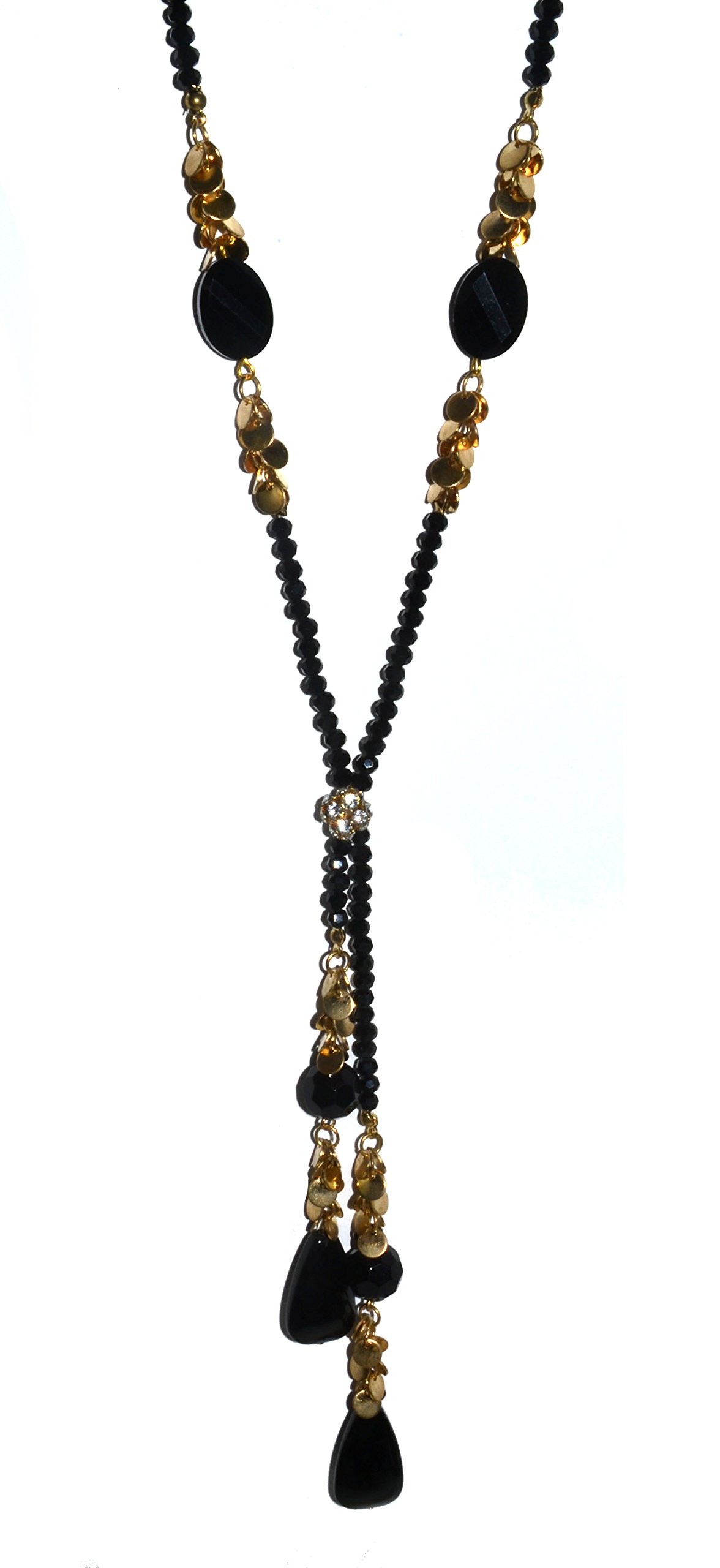 Beaded Rhinestone and Gem Long Y Necklace (Black/Gold Color) : JMC033P15-SL