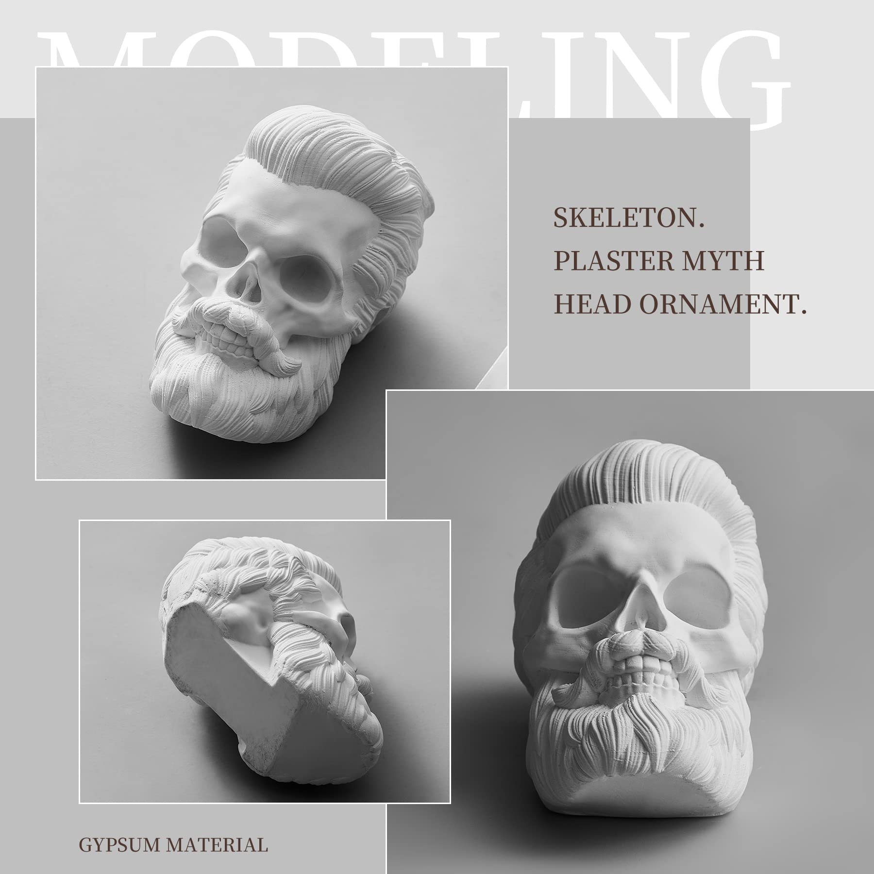 AWNR White Skull with Hair & Beard Head Statue Vintage Sculpture