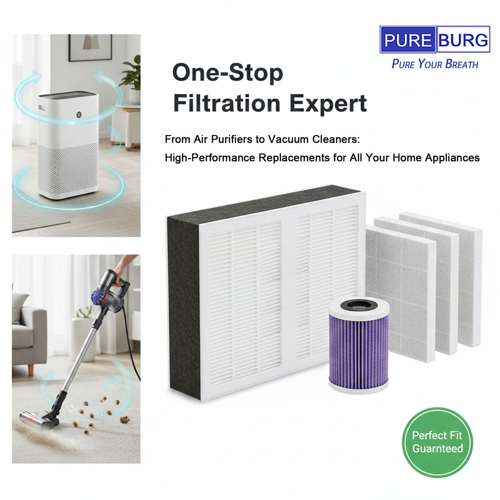PUREBURG Filtro di ricambio compatibile con purificatori d'aria Bosch Air 500 e 1000, confezione da 2 pezzi H13 True HEPA ad alta efficienza per la pulizia dell'aria e la polvere