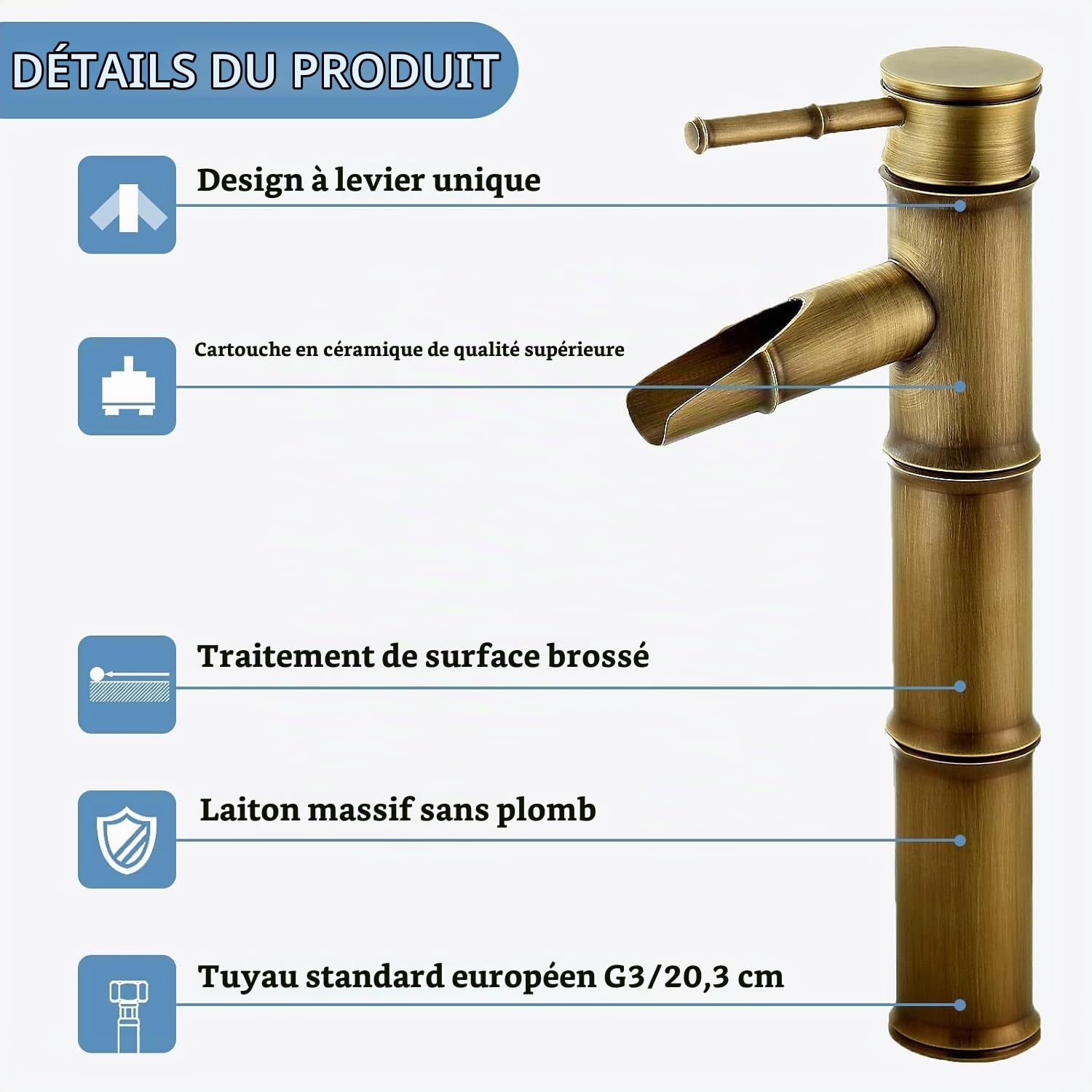 Namuoto Robinet Salle Bain Bambou Haut, Mitigeur Cascade Lavabo Robinet de Lavabo Mitigeur, Robinetterie Monotrou Eau chaude et froide Disponible, 3 Joints Break Mouth