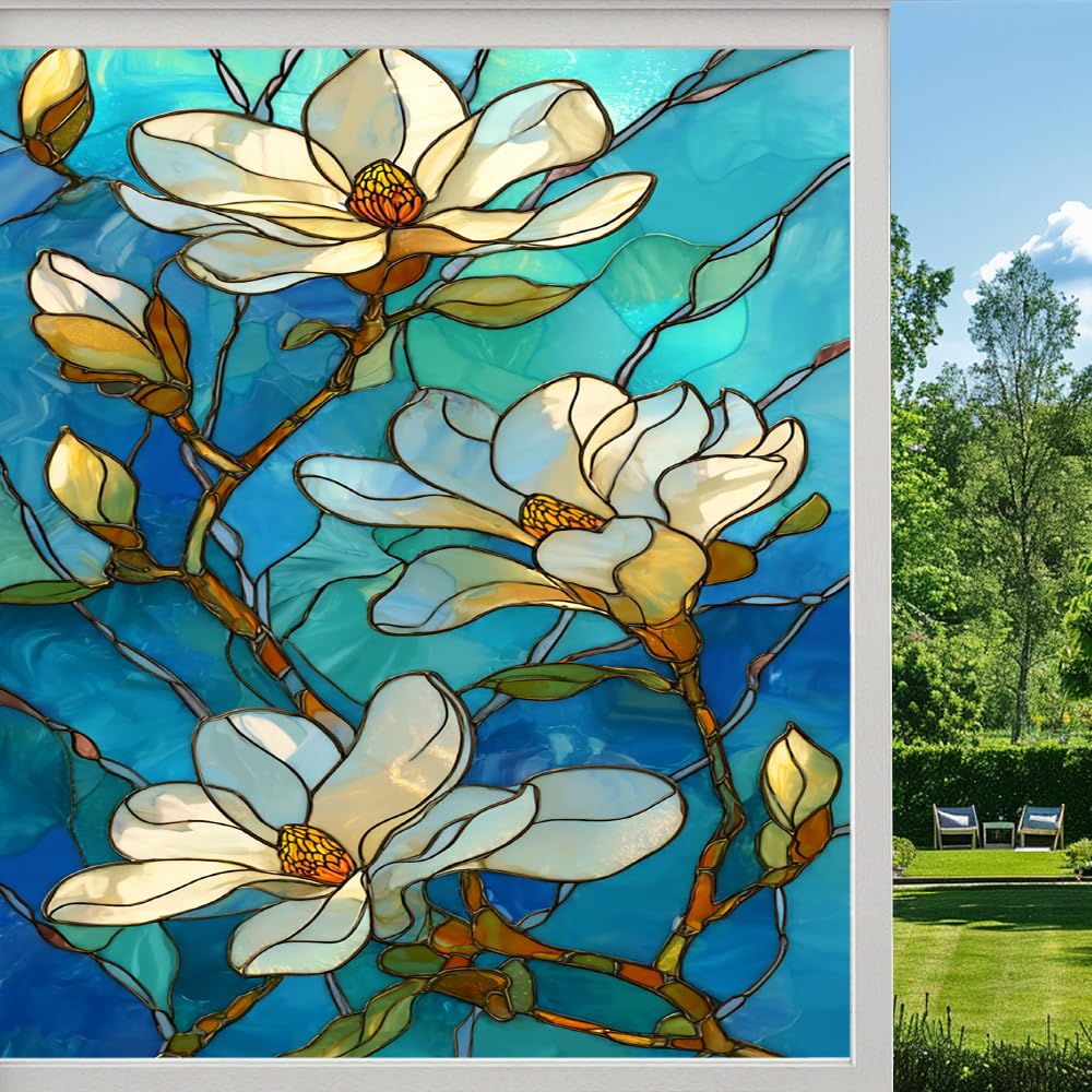 Pmlbaous Botanical Flower Frosted Window Film, Magnolia Floral Nature Stained Glass Privacy Film, Heat Insulation Self-Adhesive Vinyl For Bathroom Office, （55X100cm）