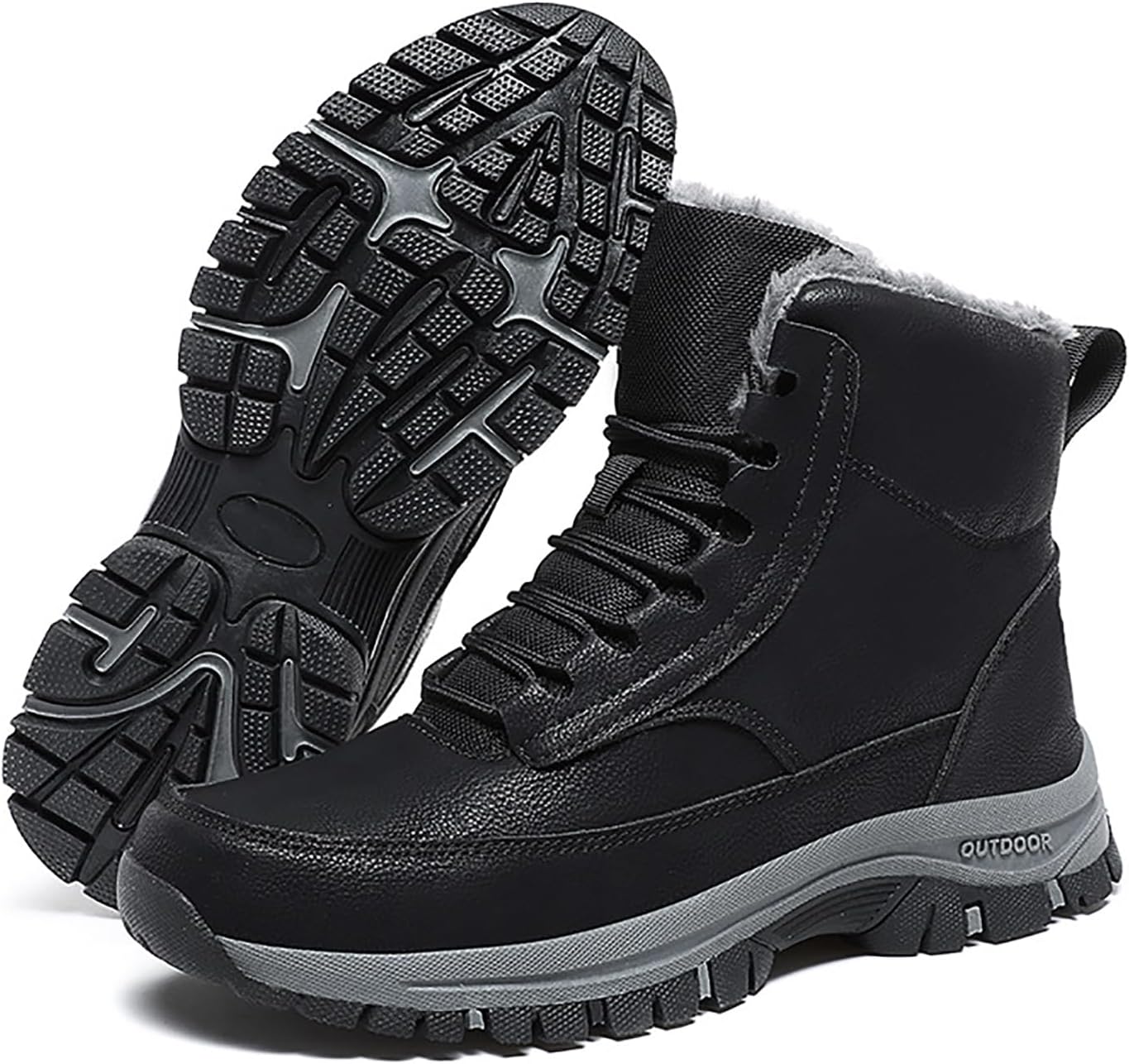 Men's Fur Lined Winter Snow Boots Outdoor High-top Waterproof Lace-Up Non-slip Hiking Warm Ankle Boots Comfort Walking Climbing Work Trekking Booties