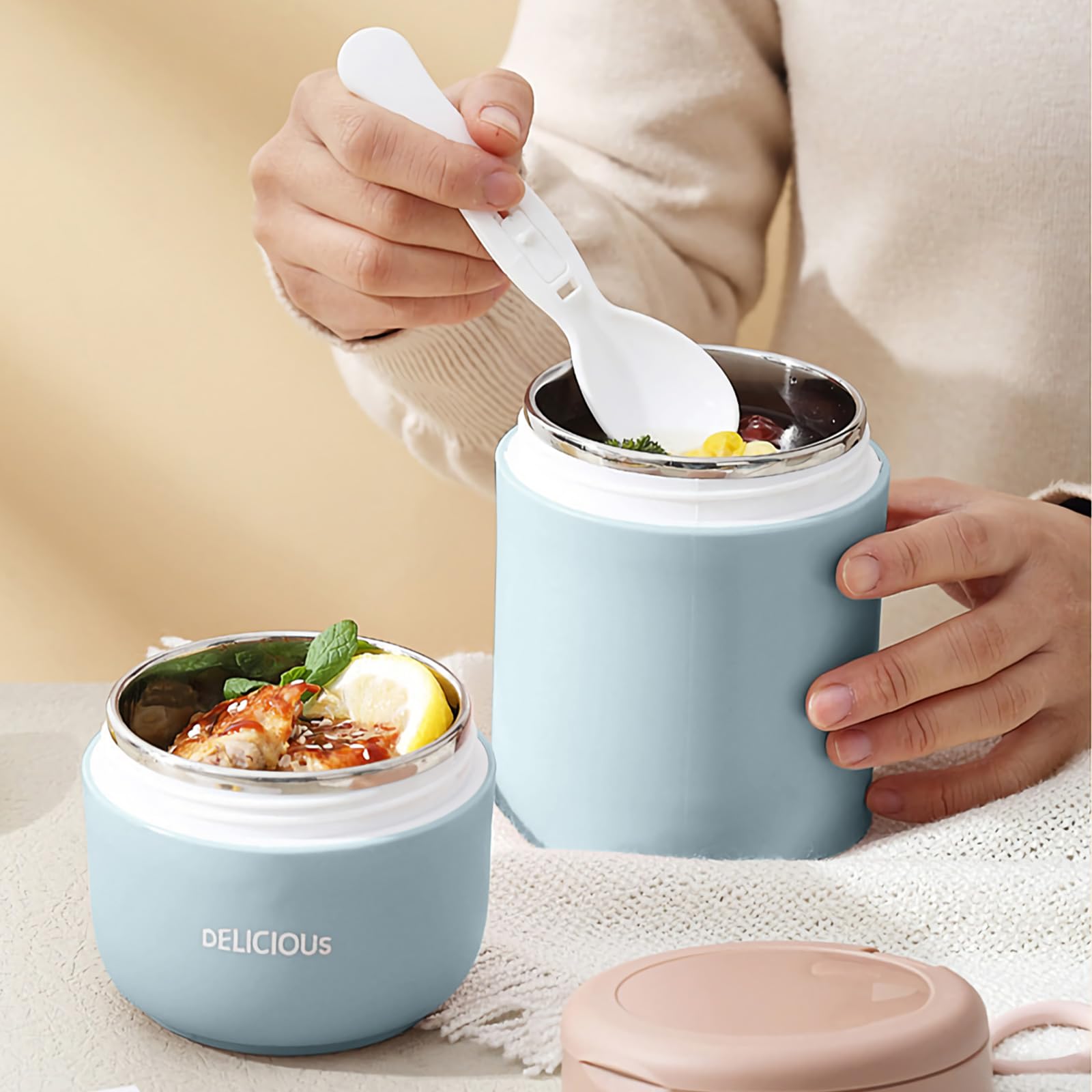 Contenitore per alimenti isolato a tenuta stagna da 15 once, thermos in acciaio inossidabile, isolamento sottovuoto, con cucchiaio, per scuola, lavoro, picnic (blu, doppio strato)