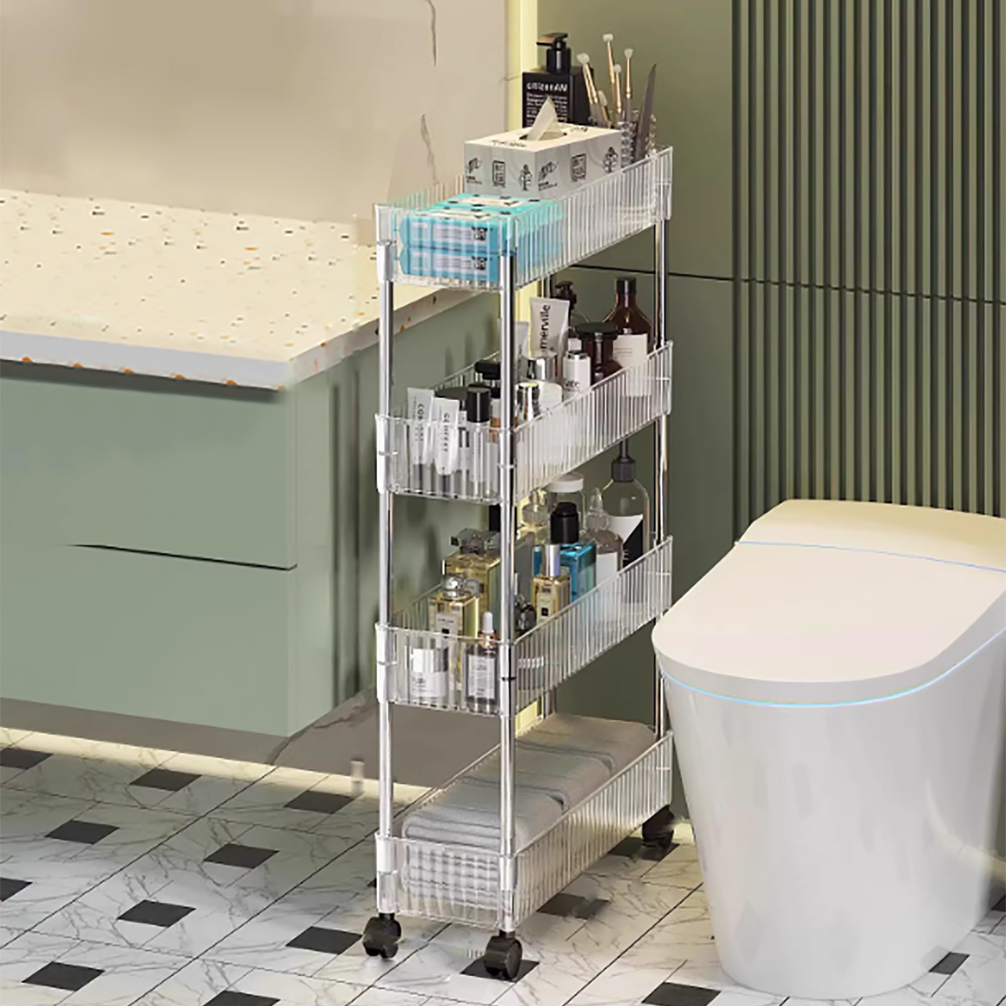 Carrello portaoggetti da bagno sottile a 4 ripiani con ruote per piccoli spazi, organizza la tua lavanderia, la zona WC e il soggiorno, design salvaspazio (13 x 37 x 89 cm)